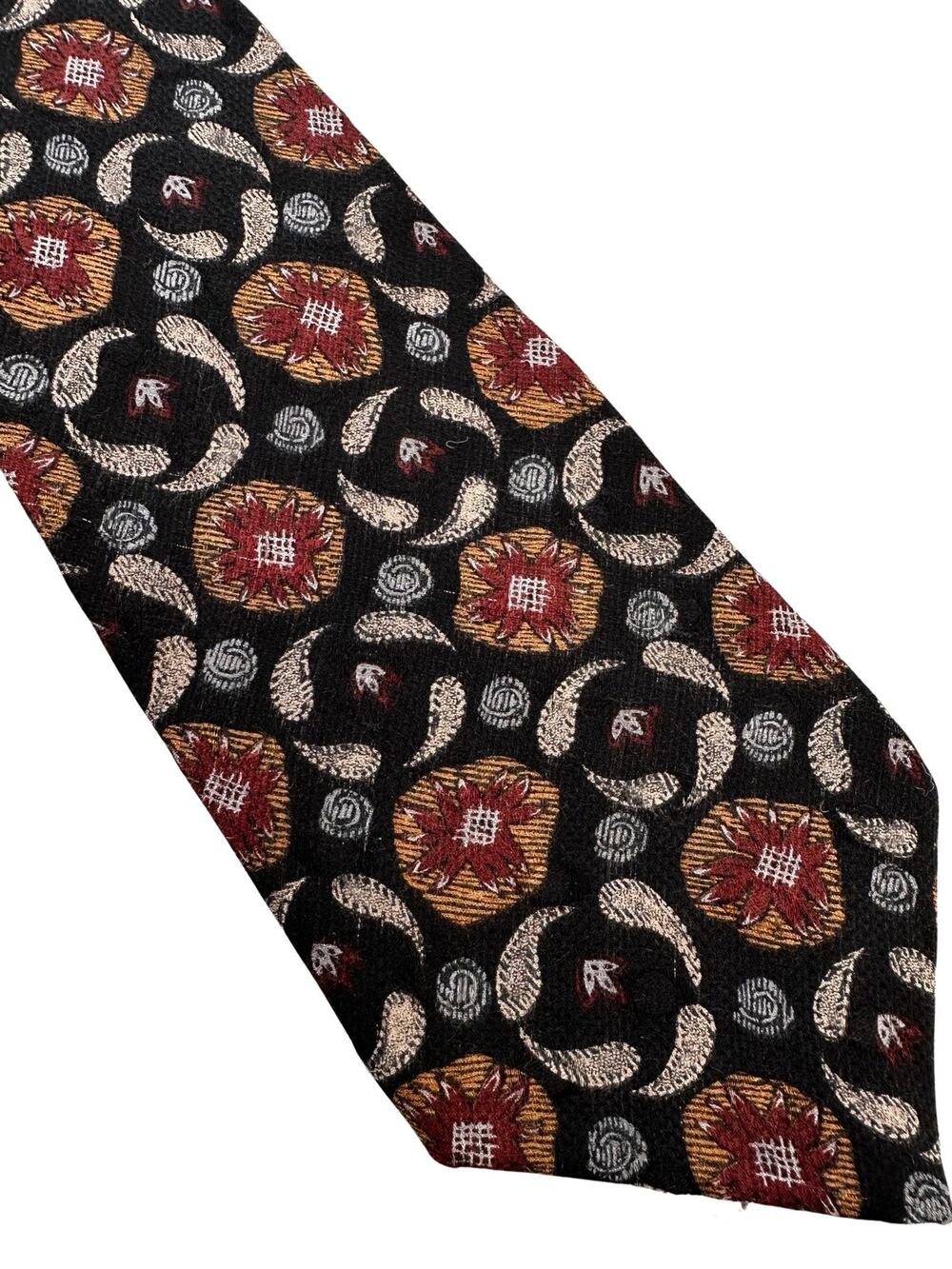 Vintage Black Floral Print Hunting Horn Silk Necktie
